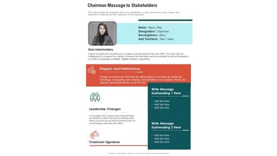 Chairman Message To Stakeholders One Pager Documents