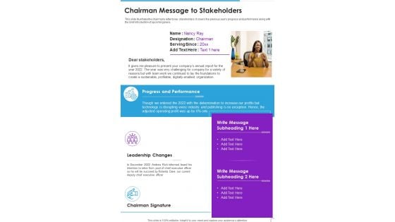 Chairman Message To Stakeholders Template 335 One Pager Documents