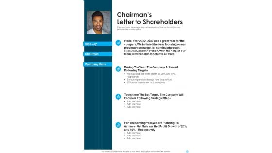 Chairmans Letter To Shareholders One Pager Documents Chairmans Letter To Shareholders One Pager Documents
