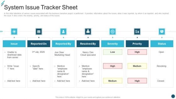 Change Execution Plan System Issue Tracker Sheet Ppt PowerPoint Presentation File Elements PDF