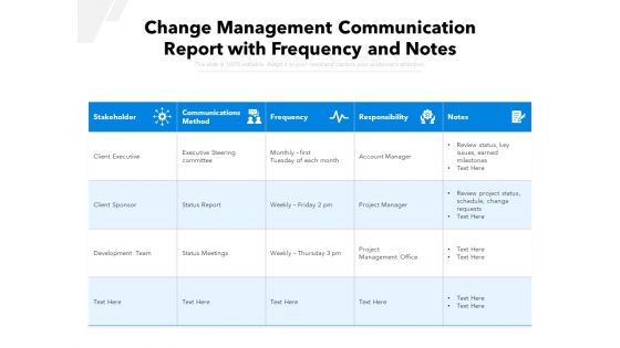 Change Management Communication Report With Frequency And Notes Ppt PowerPoint Presentation Icon Layouts PDF