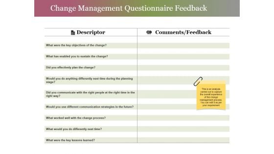 Change Management Questionnaire Feedback Ppt PowerPoint Presentation Pictures Example Introduction