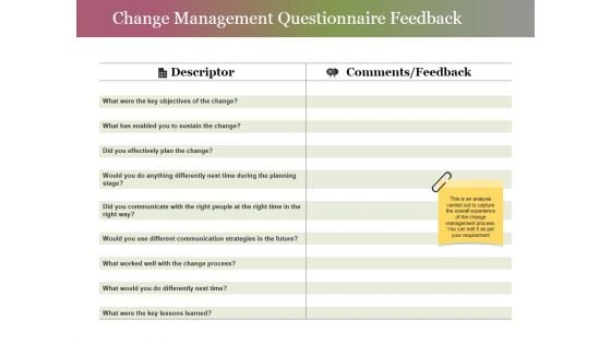 Change Management Questionnaire Feedback Ppt PowerPoint Presentation Pictures Example Introduction Change Management Questionnaire Feedback Ppt PowerPoint Presentation Pictures Example Introduction