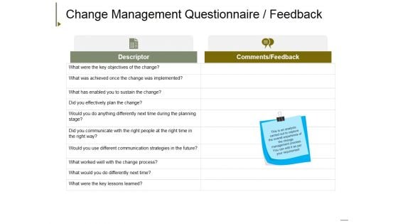 Change Management Questionnaire Feedback Ppt PowerPoint Presentation Professional Tips