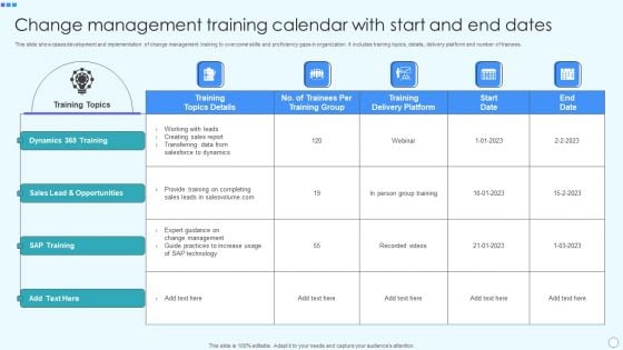Change Management Training Calendar With Start And End Dates Sample PDF Change Management Training Calendar With Start And End Dates Sample PDF