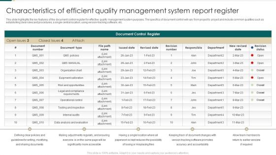 Characteristics Of Efficient Quality Management System Report Register Brochure PDF