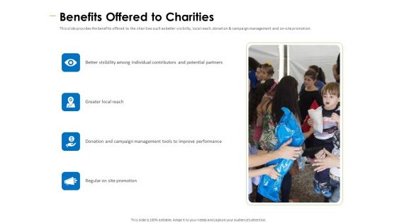 Charity Pitch Deck Benefits Offered To Charities Introduction PDF