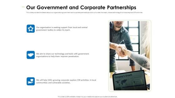 Charity Pitch Deck Our Government And Corporate Partnerships Graphics PDF Charity Pitch Deck Our Government And Corporate Partnerships Graphics PDF