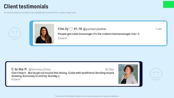 Chat Messenger Investor Funding Elevator Pitch Deck Client Testimonials Elements PDF