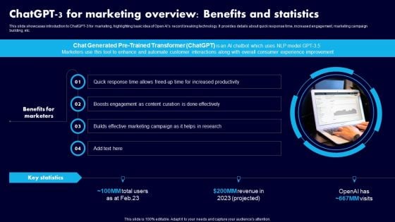 Chatgpt 3 For Marketing Overview Benefits And Statistics Ppt Infographic Template Slide Download PDF