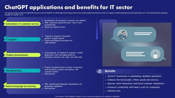 Chatgpt Applications And Benefits For It Sector Chat Generative Pre Trained Transformer Infographics PDF