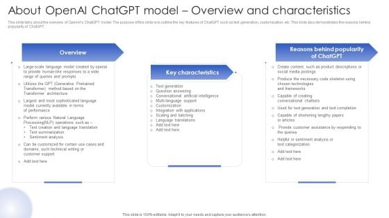 Chatgpt In Web Applications For Enhanced User Interactions About Openai Chatgpt Model Overview And Characteristics Mockup PDF