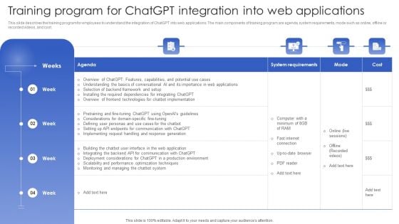 Chatgpt In Web Applications For Enhanced User Interactions Training Program For Chatgpt Integration Into Web Applications Mockup PDF