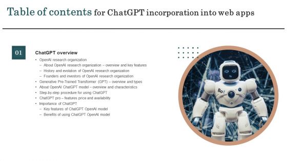 Chatgpt Incorporation Into Web Apps Table Of Contents Inspiration PDF