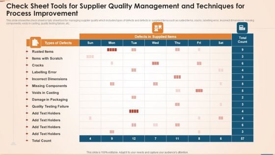 Check Sheet Tools For Supplier Quality Management And Techniques For Process Improvement Slides PDF