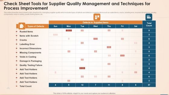 Check Sheet Tools For Supplier Quality Management And Techniques For Process Improvement Slides PDF Check Sheet Tools For Supplier Quality Management And Techniques For Process Improvement Slides PDF