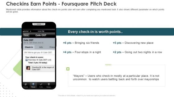 Checkins Earn Points Foursquare Pitch Deck Ppt Ideas Show PDF