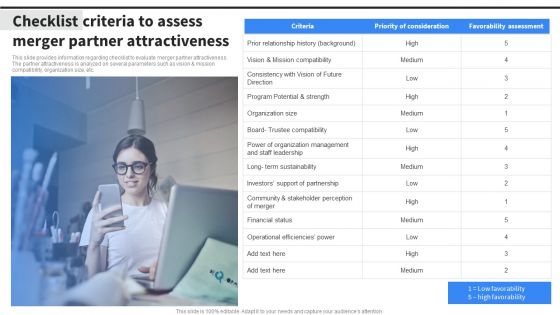 Checklist Criteria To Assess Merger Partner Attractiveness Slides PDF Checklist Criteria To Assess Merger Partner Attractiveness Slides PDF