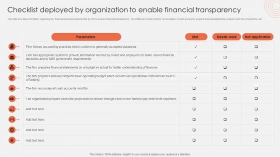 Checklist Deployed By Organization To Enable Financial Transparency Graphics PDF