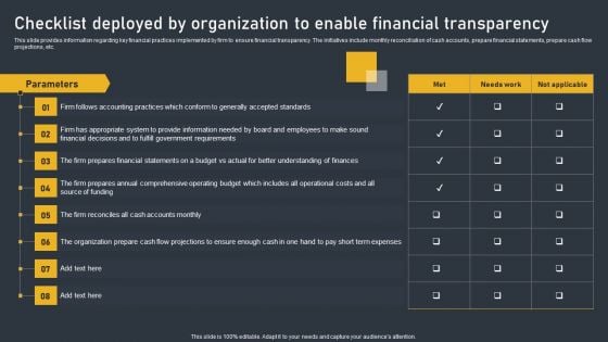 Checklist Deployed By Organization To Enable Financial Transparency Information PDF