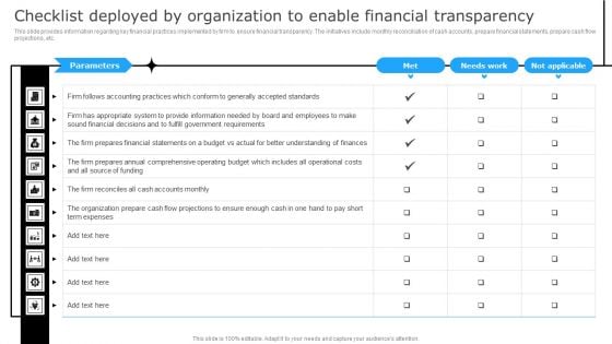 Checklist Deployed By Organization To Enable Financial Transparency Portrait PDF