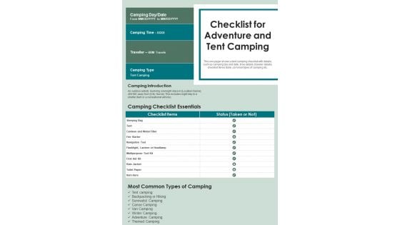 Checklist For Adventure And Tent Camping PDF Document PPT Template