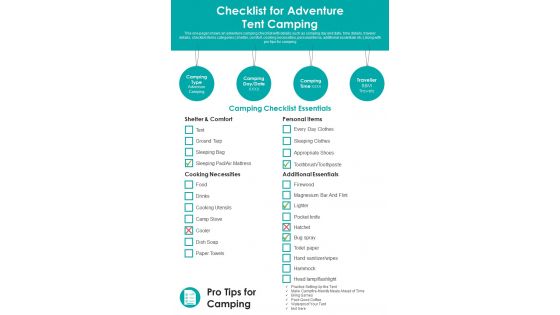 Checklist For Adventure Tent Camping PDF Document PPT Template