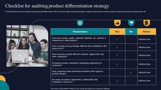 Checklist For Auditing Product Differentiation Strategy Tactics To Gain Sustainable Competitive Edge Elements PDF Checklist For Auditing Product Differentiation Strategy Tactics To Gain Sustainable Competitive Edge Elements PDF