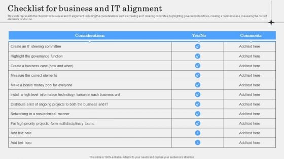 Checklist For Business And IT Alignment Summary PDF