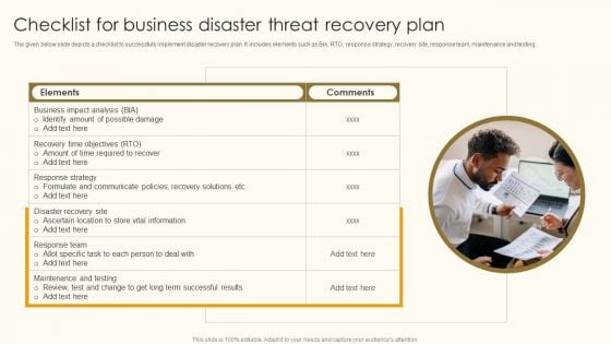 Checklist For Business Disaster Threat Recovery Plan Ppt Inspiration Design Ideas PDF