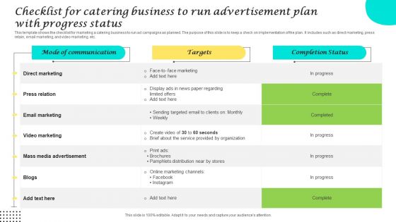 Checklist For Catering Business To Run Advertisement Plan With Progress Status Ideas PDF