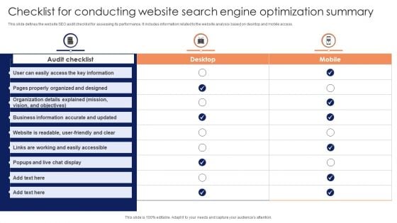 Checklist For Conducting Website Search Engine Optimization Summary Download PDF