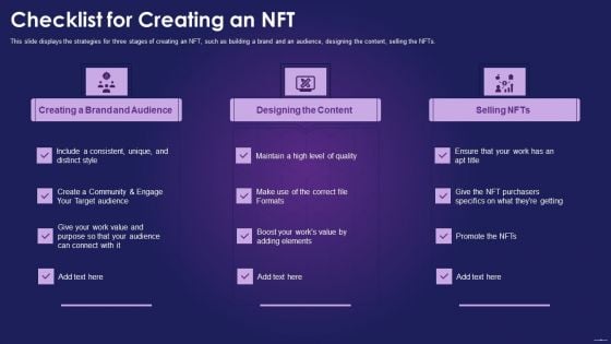 Checklist For Creating An NFT Ppt Inspiration Designs PDF