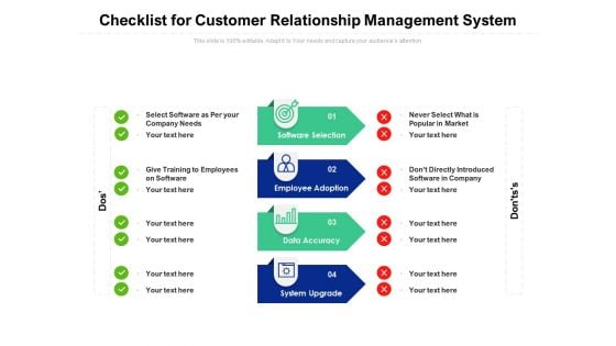 Checklist For Customer Relationship Management System Ppt PowerPoint Presentation Portfolio Layout Ideas PDF