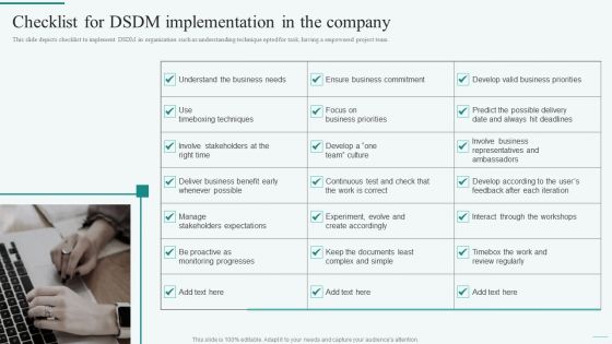 Checklist For DSDM Implementation In The Company Integration Of Dynamic System Clipart PDF