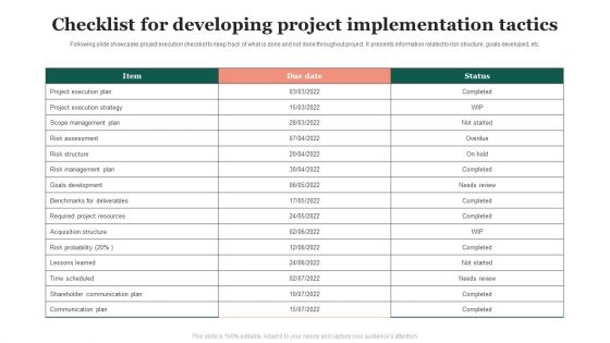 Checklist For Developing Project Implementation Tactics Template PDF