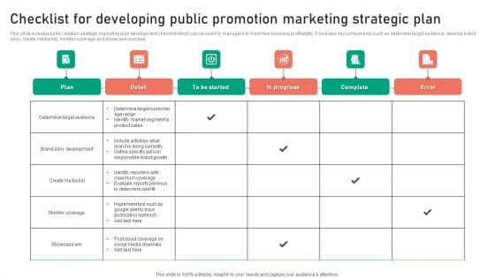 Checklist For Developing Public Promotion Marketing Strategic Plan Microsoft PDF