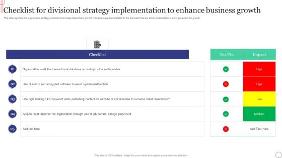 Checklist For Divisional Strategy Implementation To Enhance Business Growth Template PDF