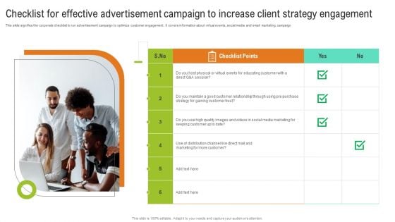 Checklist For Effective Advertisement Campaign To Increase Client Strategy Engagement Inspiration PDF Checklist For Effective Advertisement Campaign To Increase Client Strategy Engagement Inspiration PDF