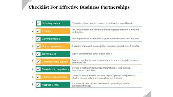 Checklist For Effective Business Partnerships Ppt PowerPoint Presentation Infographics Graphics Template