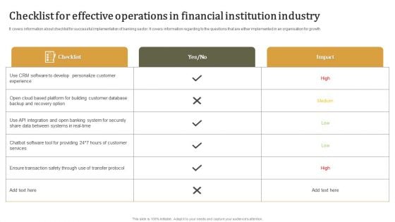 Checklist For Effective Operations In Financial Institution Industry Mockup PDF