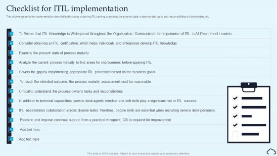Checklist For ITIL Implementation IT Service Management Framework Template PDF Checklist For ITIL Implementation IT Service Management Framework Template PDF