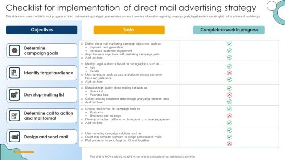 Checklist For Implementation Of Direct Mail Advertising Strategy Themes PDF