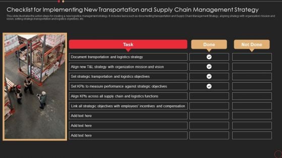 Checklist For Implementing New Transportation And Supply Chain Management Strategy Professional PDF