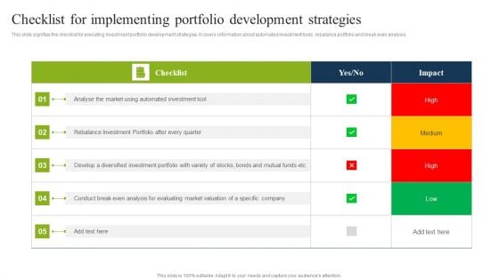 Checklist For Implementing Portfolio Development Strategies Ppt Summary Aids PDF