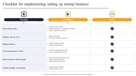 Checklist For Implementing Setting Up Startup Business Inspiration PDF