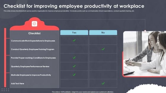 Checklist For Improving Employee Productivity At Workplace Ppt PowerPoint Presentation Infographic Template Influencers PDF