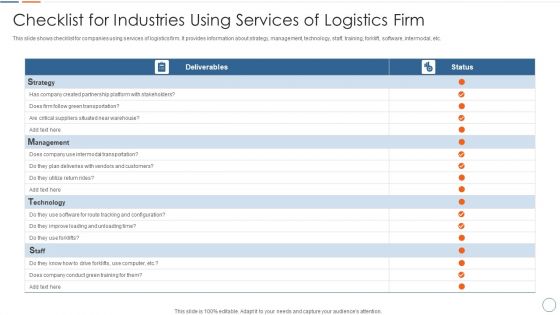 Checklist For Industries Using Services Of Logistics Firm Portrait PDF