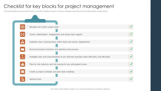 Checklist For Key Blocks For Project Management Ppt Show Designs PDF