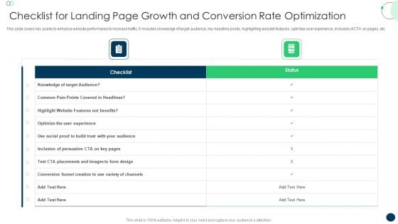 Checklist For Landing Page Growth And Conversion Rate Optimization Brochure PDF